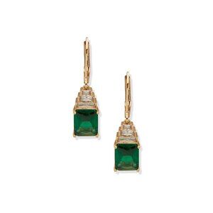 NEW! Anne Klein Levback Siam Emerald Green & CZ Art Deco Gold Tone Earrings